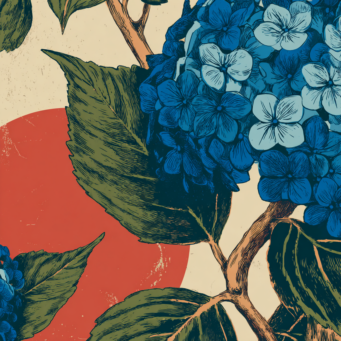 Nahaufnahme des Travertin-Kunstwerks Hortensien im Abendrot mit botanischem Motiv von Candelae