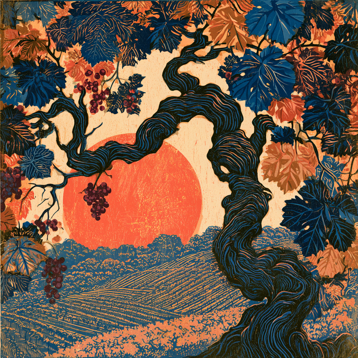 Nahaufnahme des Travertin-Kunstwerks Wingertgold mit Weinbergmotiv von Candelae