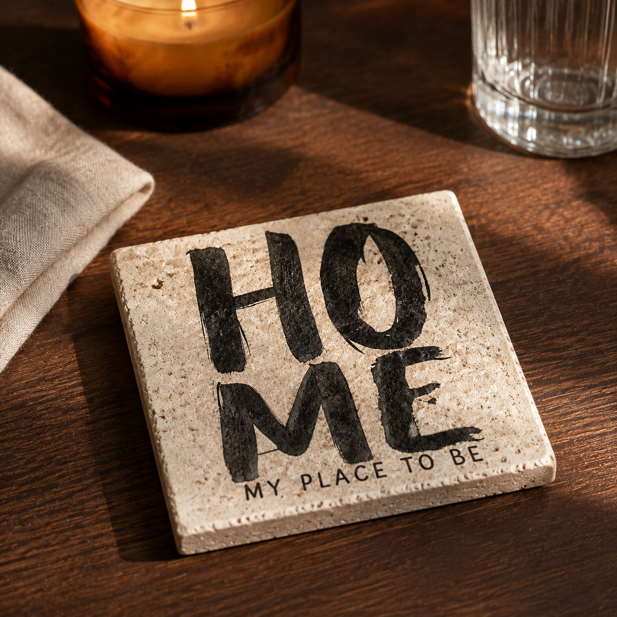 HOME – My Place to Be, Typografie-Kunstwerk auf Travertin mit Schriftzug