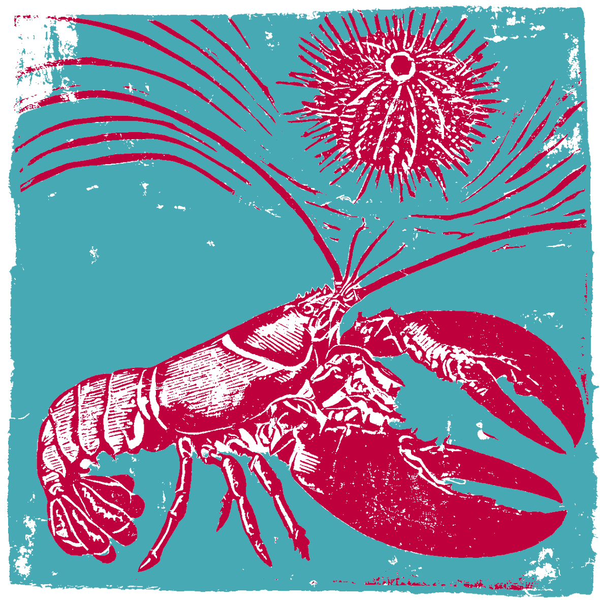 Mare No. 10 – Hummer unter der Meeresblüte, Druckmotiv für Travertin-Kunstwerk