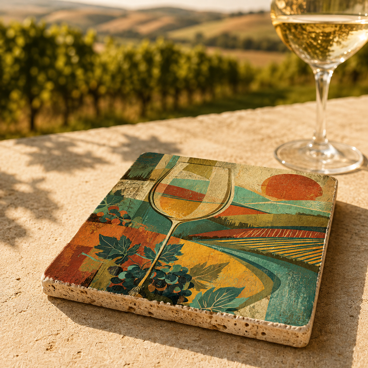 Rheinhessen im Glas – Weinmotiv als Travertin Deko aus echtem Naturstein