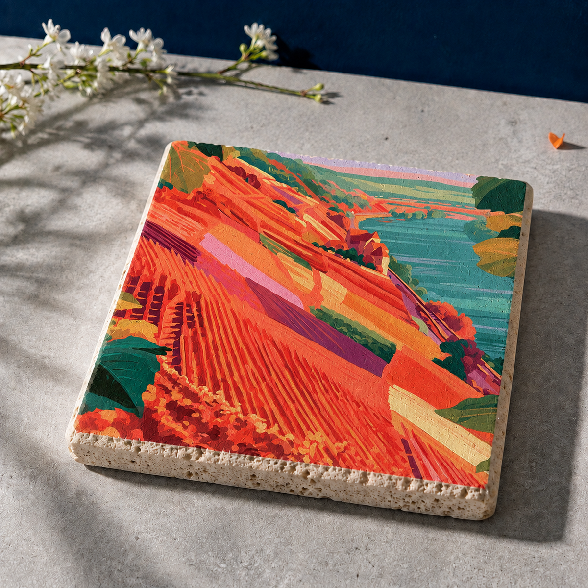 Roter Hang Nierstein – Kleines Kunstwerk aus Travertin mit farbenfrohem Weinbergmotiv der Rheinhessen-Weinlandschaft am Rhein, UV-Direktdruck, 10x10 cm