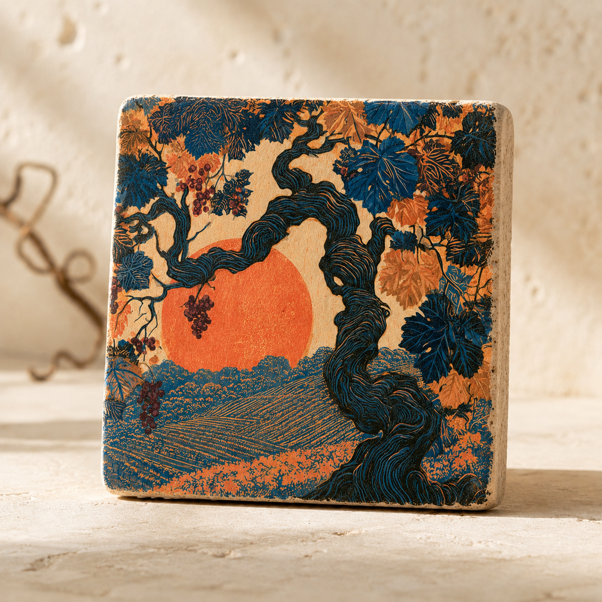 Wingertgold – Kleines Kunstwerk aus Travertin mit altem Rebstock vor Weinbergreihen im Abendlicht, UV-Direktdruck, 10x10 cm