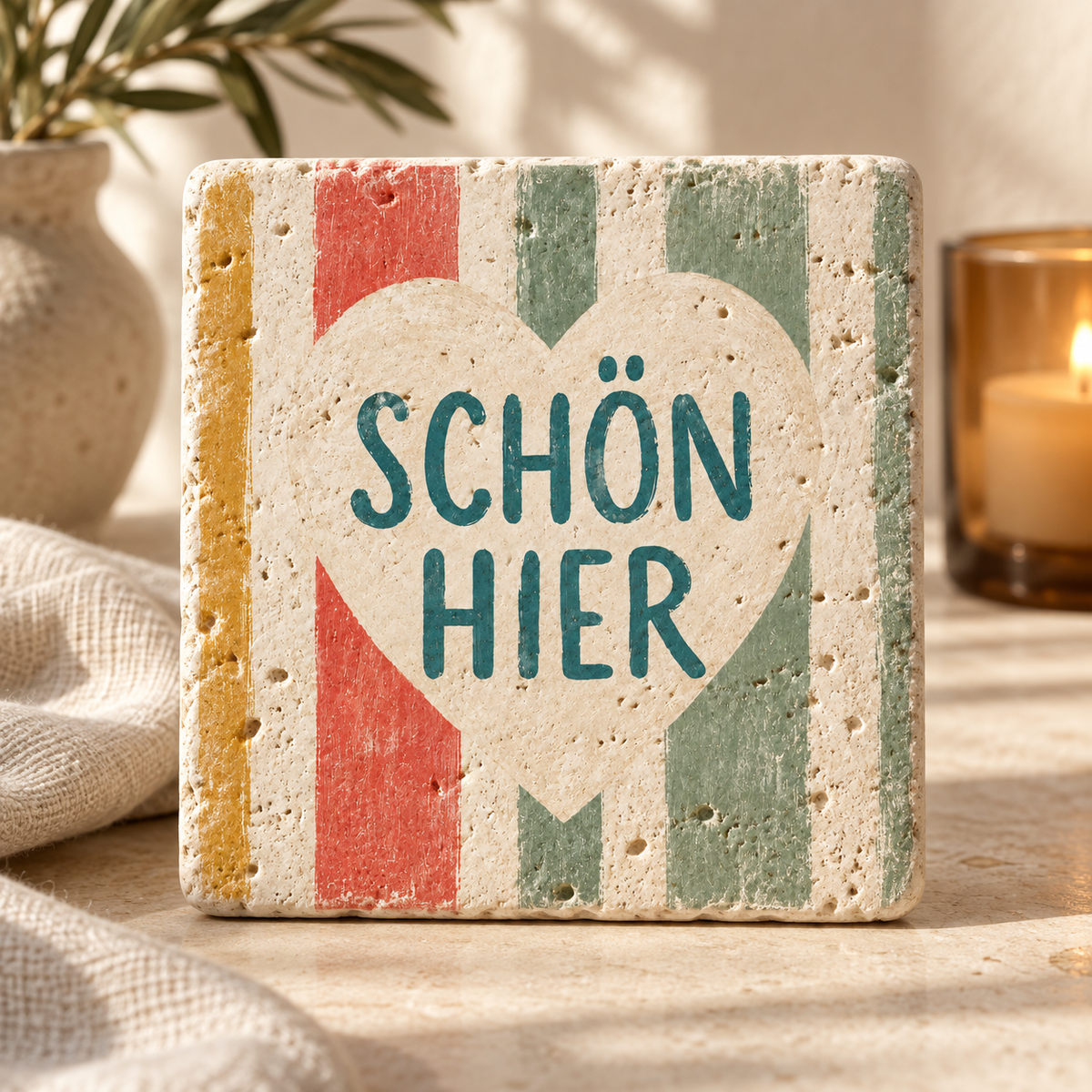 Schön hier – Typografie als Travertin Deko aus echtem Naturstein