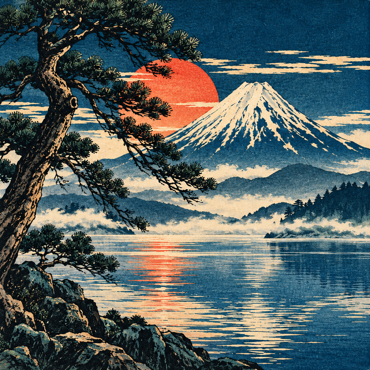 Fuji Morgenrot – zweite Ansicht der Travertin Deko mit japanisch inspiriertes motiv