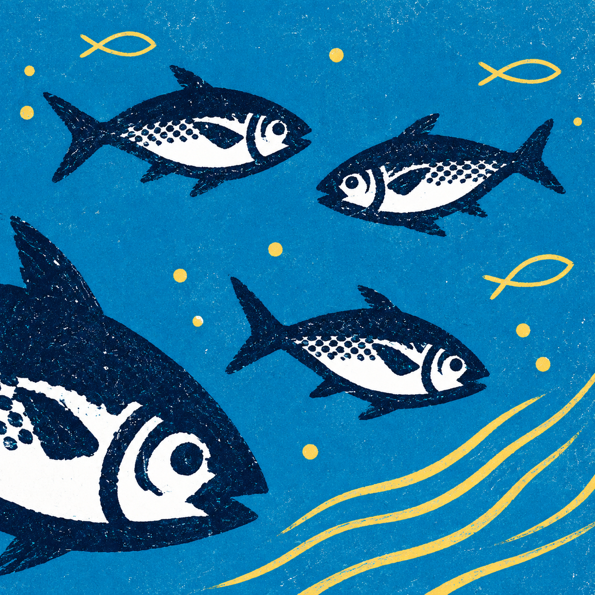 Mare No. 16 – Vier indigoblaue Fische auf Ozeanblau mit goldgelben Wellen und Fischsymbolen im Retro-Siebdruckstil
