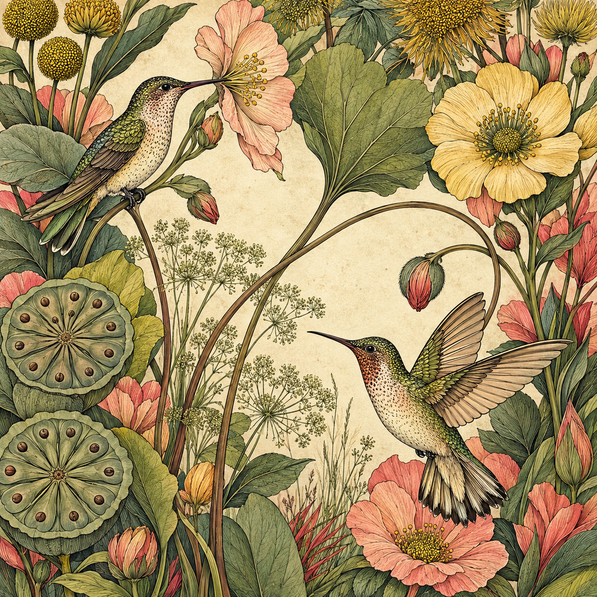 Druckmotiv Blütenflug Kolibri mit zwei Kolibris, Blüten und Blättern.