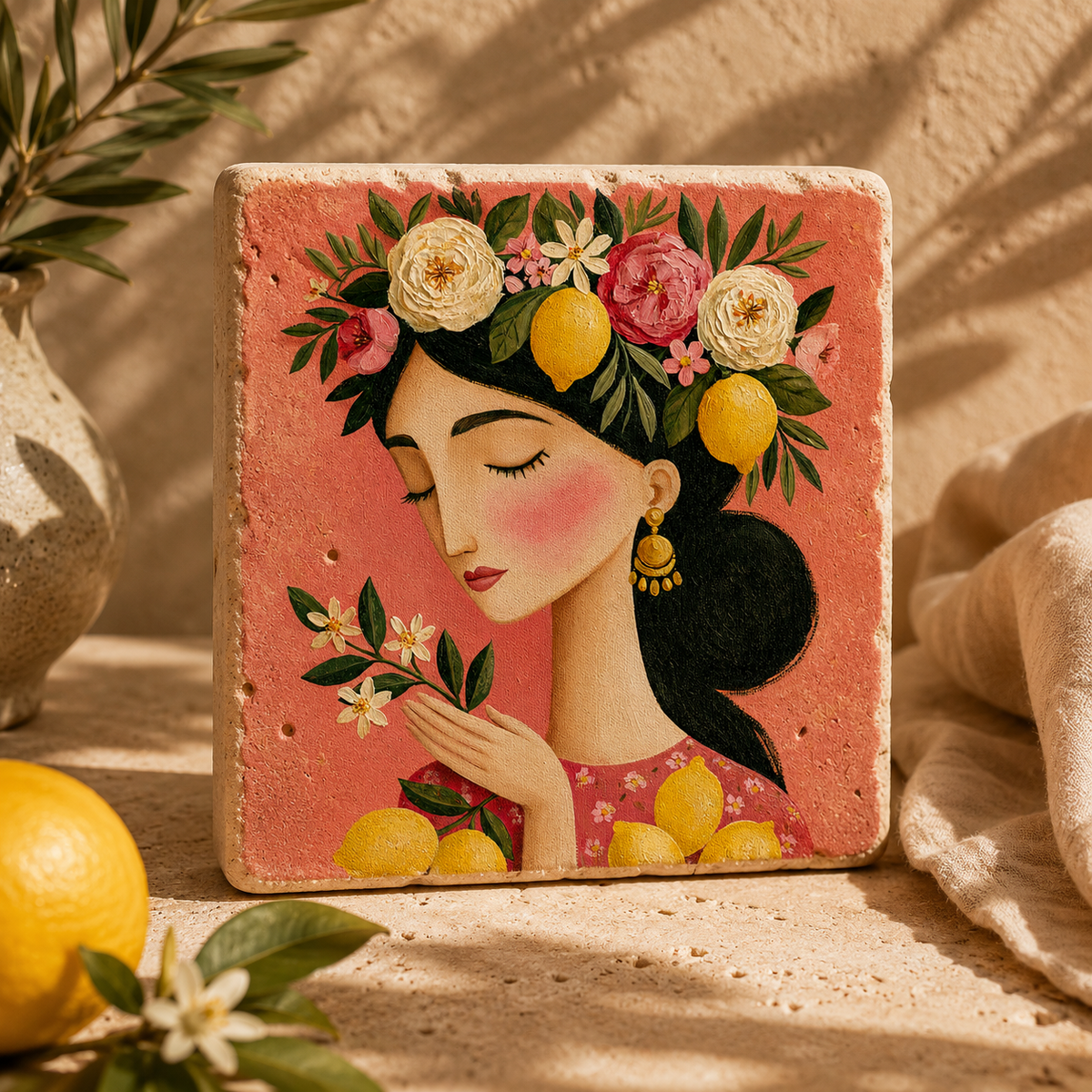 Kleines Kunstwerk aus Travertin mit stilisierter Frau, Zitronen und Zitronenblüten im mediterranen Design