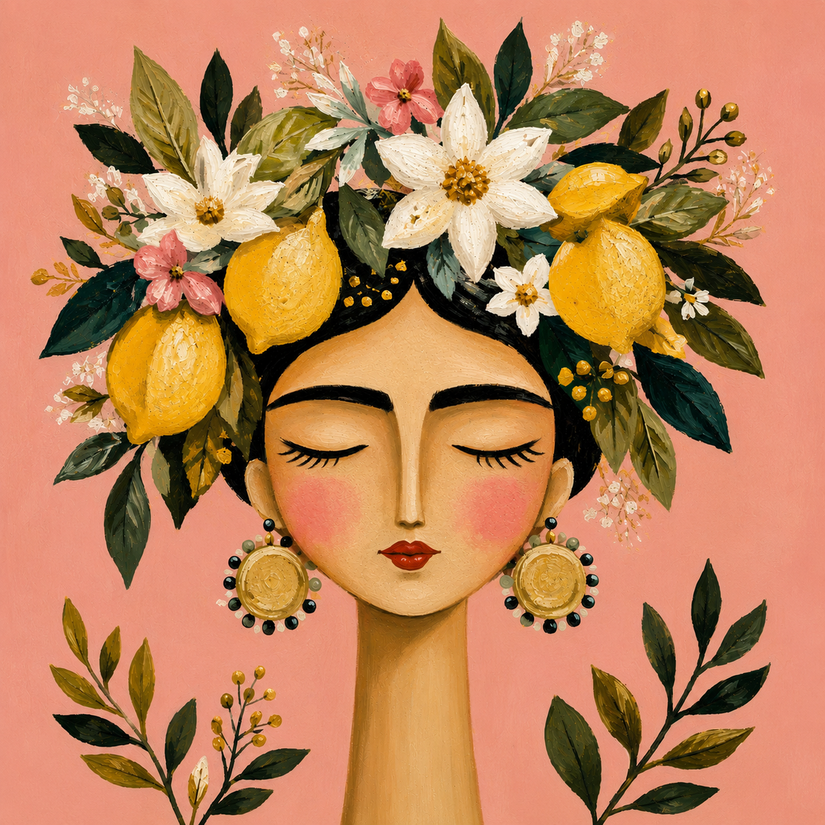 Mediterrane Illustration einer Frau mit Zitronenkranz, weißen Blüten und grünen Blättern auf rosafarbenem Hintergrund – Kunstmotiv für bedruckte Travertin-Kunstwerk.