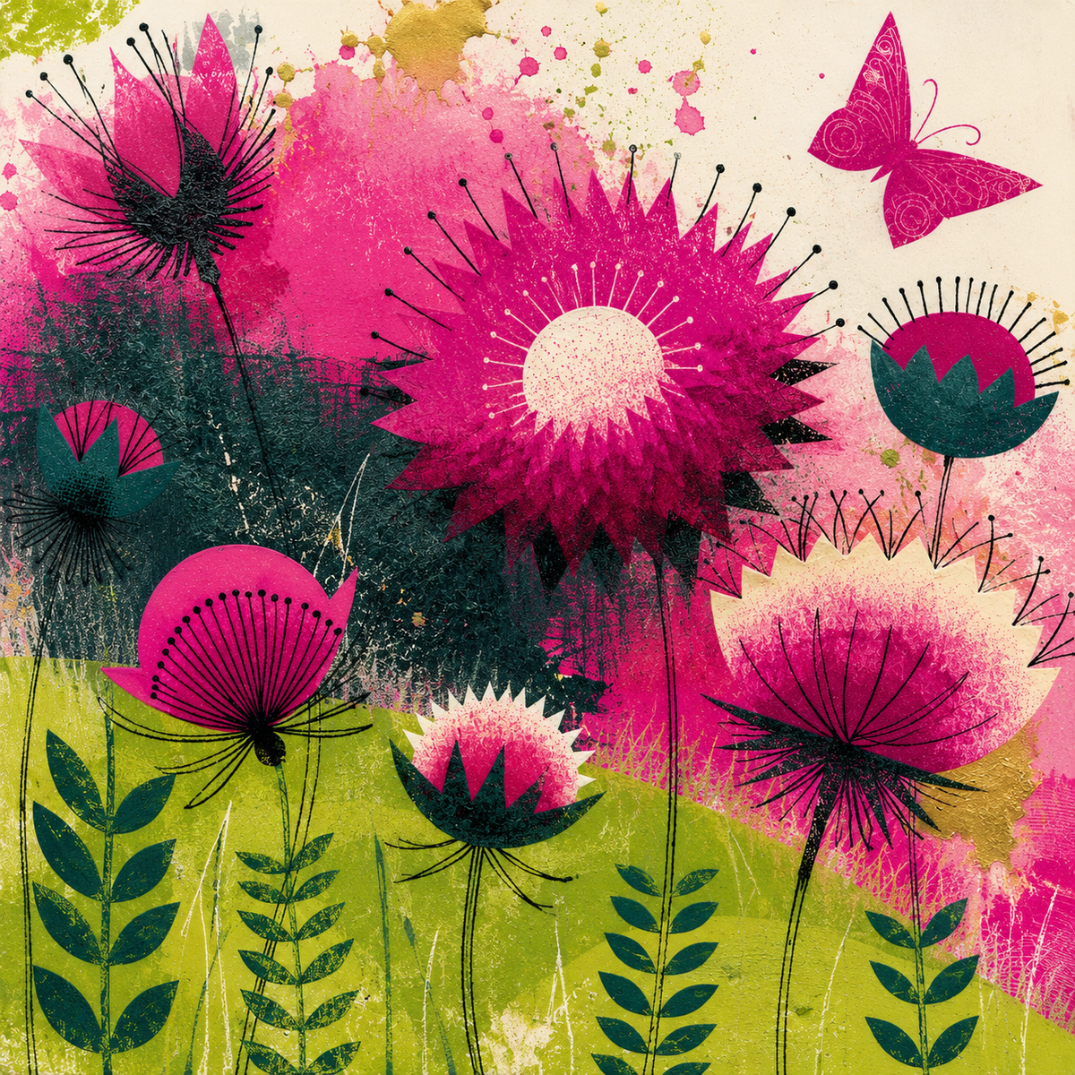 Blütenzauber – Blütenwiese in Magenta und Grün, Druckmotiv für Travertin-Kunstwerk