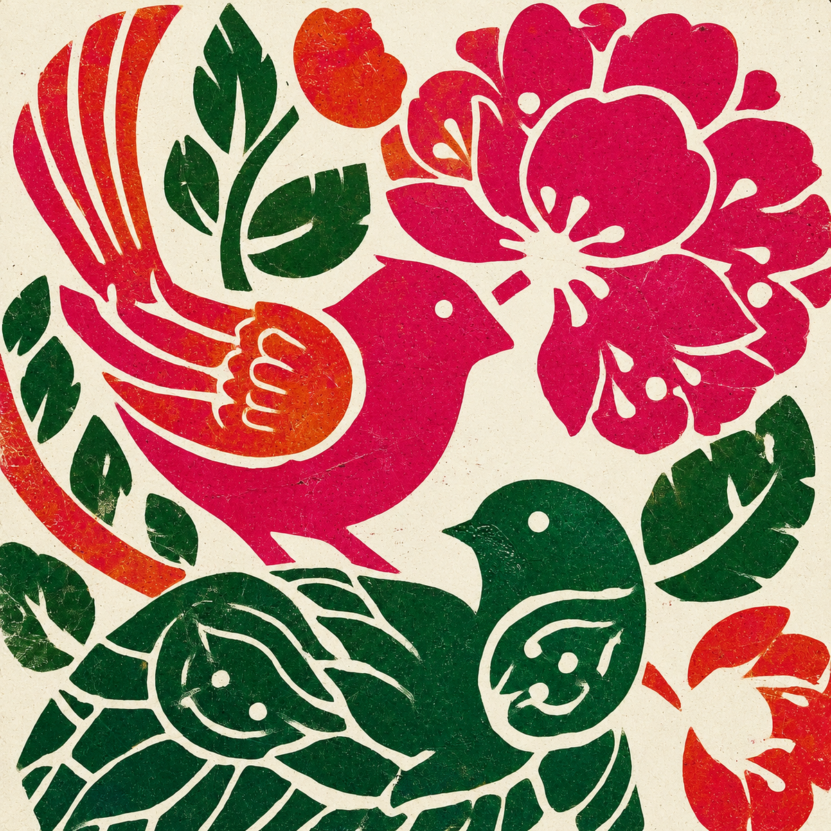 Stilisiertes Vogelpaar mit Blüten und Blättern im Folk-Art-Stil in Pink, Grün und Orange – modernes florales Kunstmotiv für Travertin.