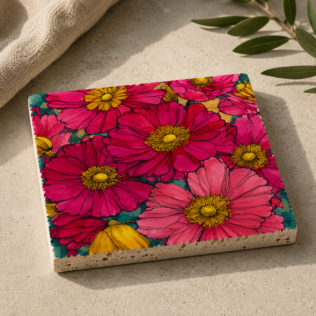 Blütenmeer auf Travertin – farbenfrohes Blumenmotiv als kleines Kunstwerk aus Naturstein, dekorativ als Untersetzer oder Wohnaccessoire.