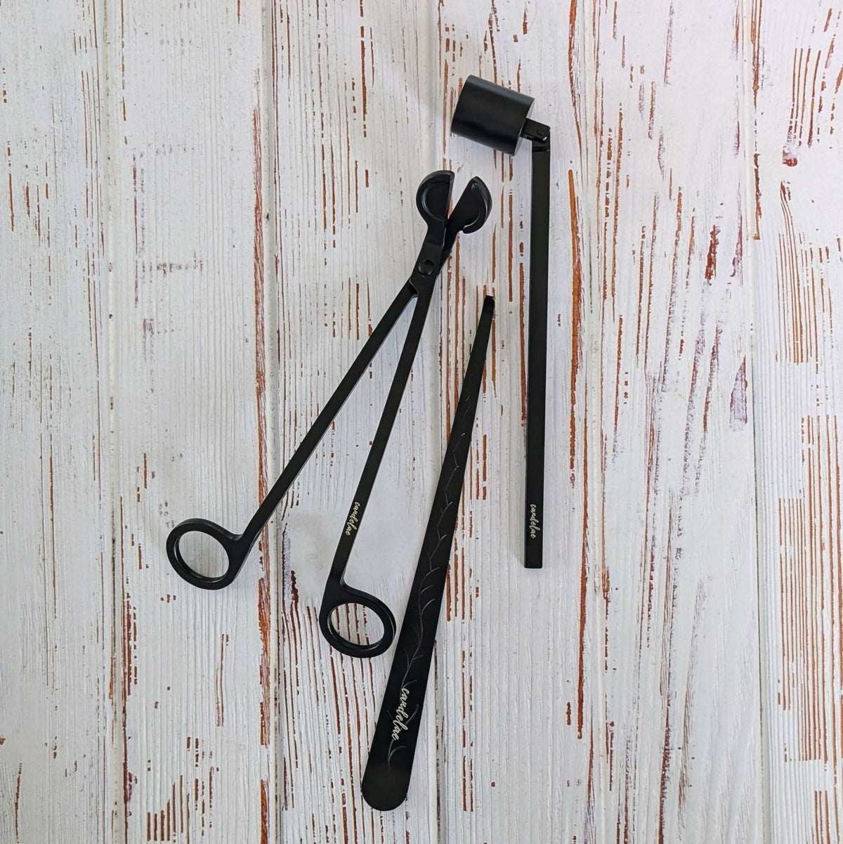 Kerzenpflege-Set Schwarz aus Edelstahl mit Dochtschere, Kerzenlöscher und Dochtheber für Duftkerzenpflege