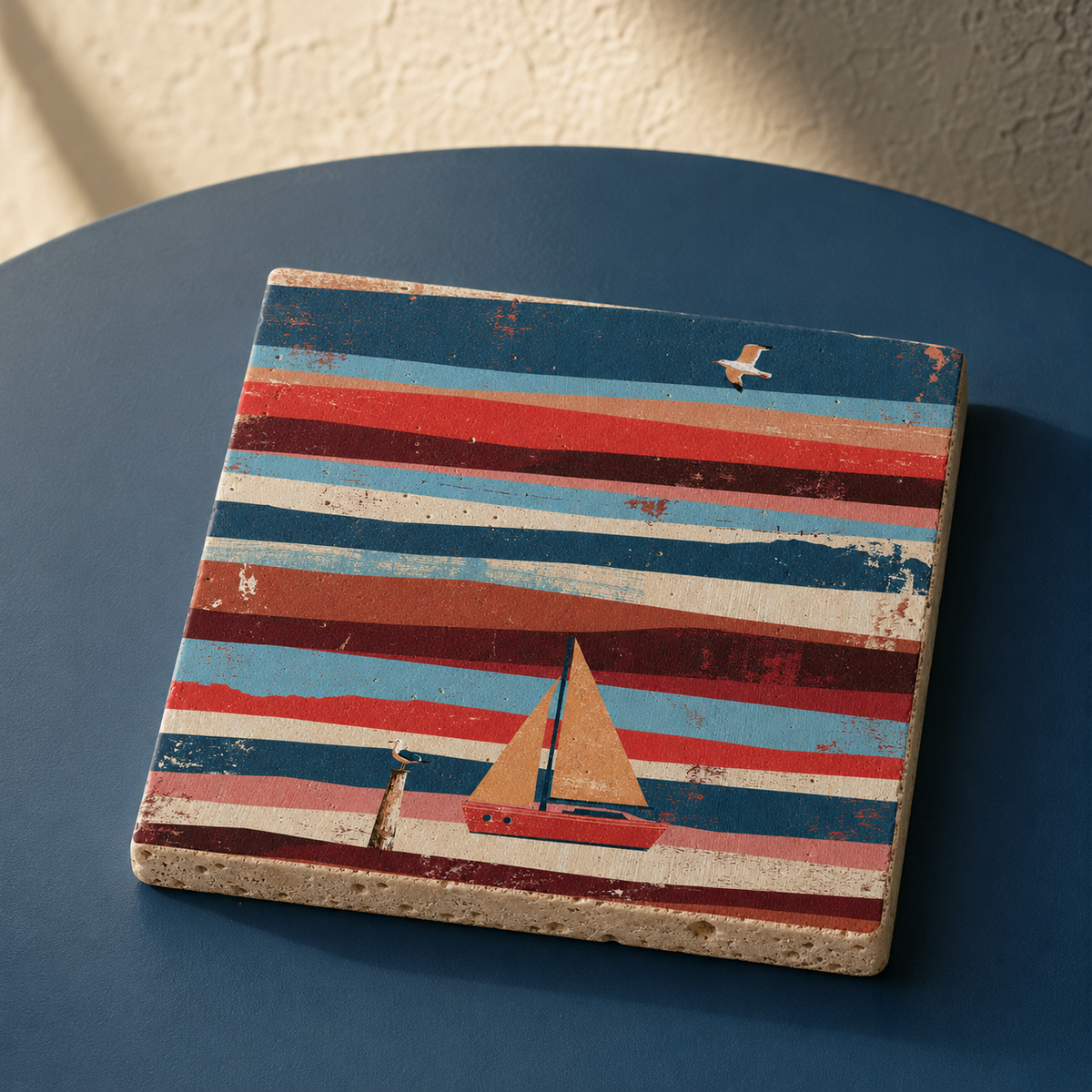 Küstenwind – kleines Kunstwerk aus Travertin mit Segelboot-Motiv