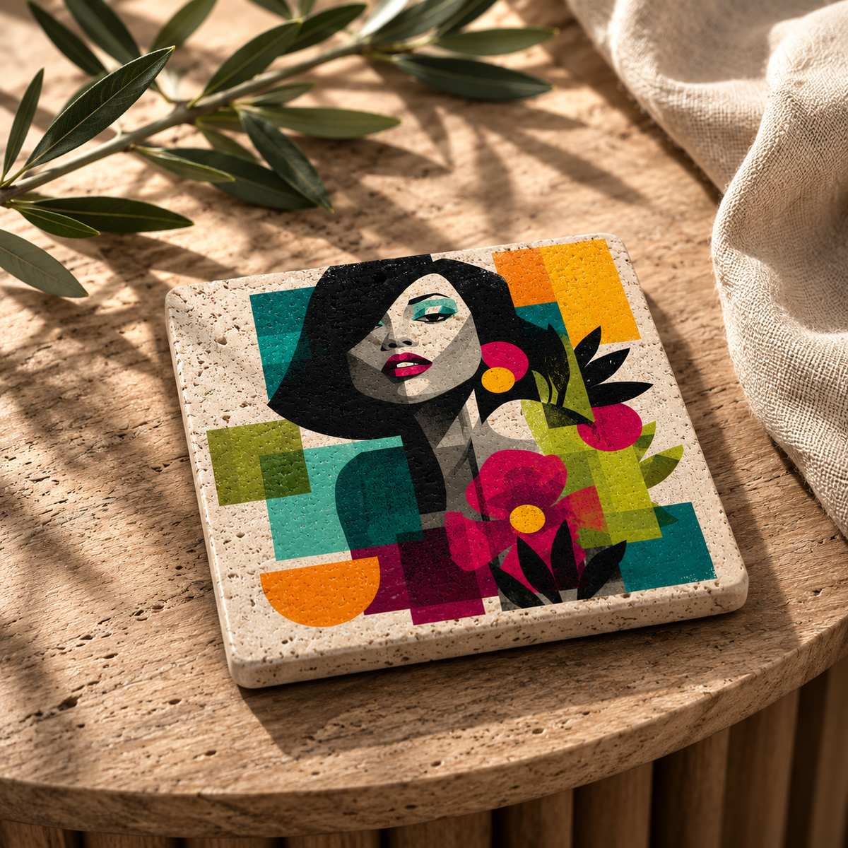Noiré – Kleines Kunstwerk aus Travertin mit modernem Frauenporträt als dekorative Naturstein-Kunstwerk auf einem Holztisch in stilvoller Wohnatmosphäre.