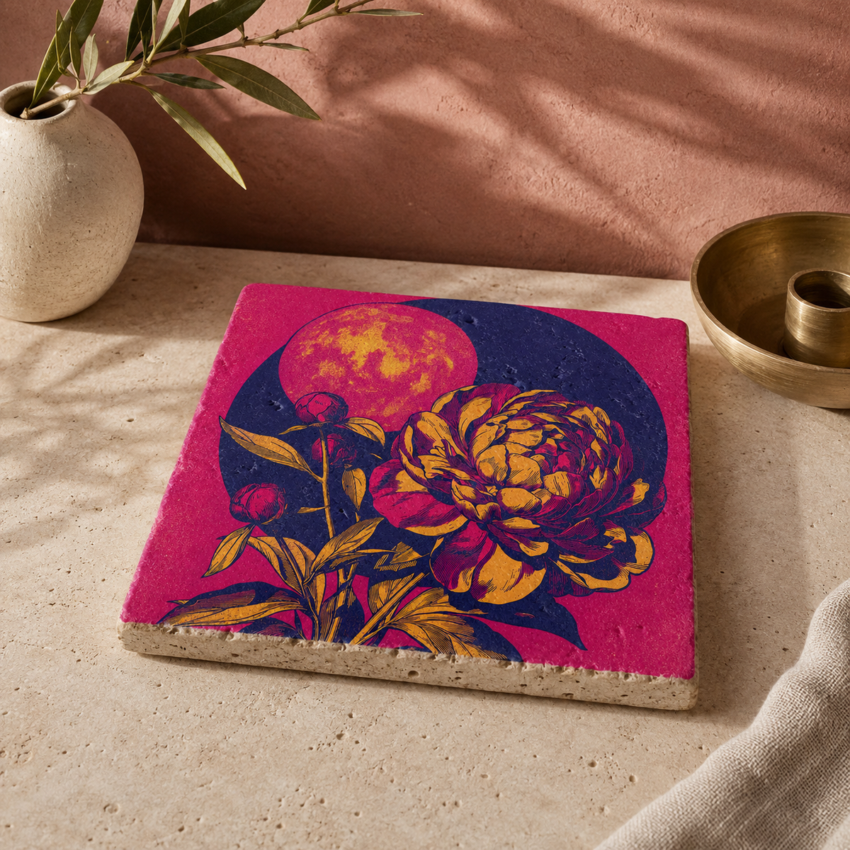 Liegendes Travertin-Kunstwerk mit grafischer Pfingstrose in Fuchsia, Gold und Indigo auf heller Natursteinfläche.