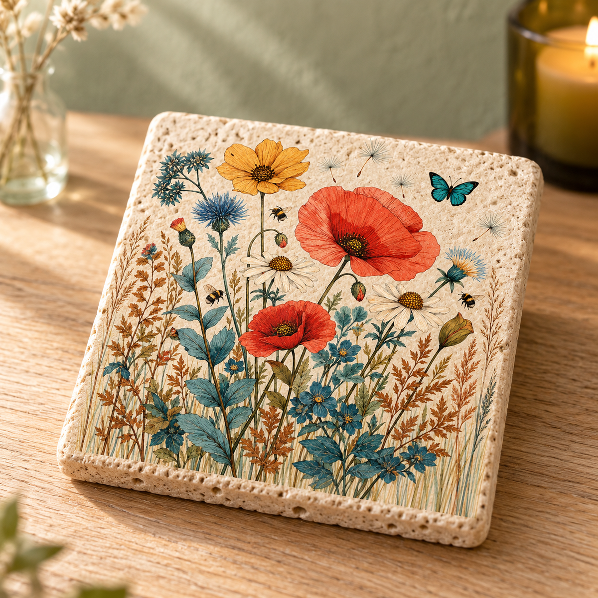 Wiesenglück – florales Motiv als Travertin Deko aus echtem Naturstein