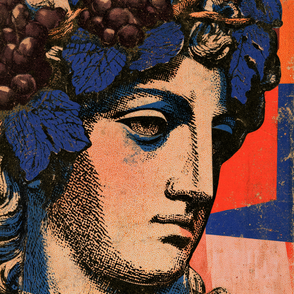 Nahaufnahme des Travertin-Kunstwerks Bacchus mit Weinmotiv, Vinum-Kollektion von Candelae