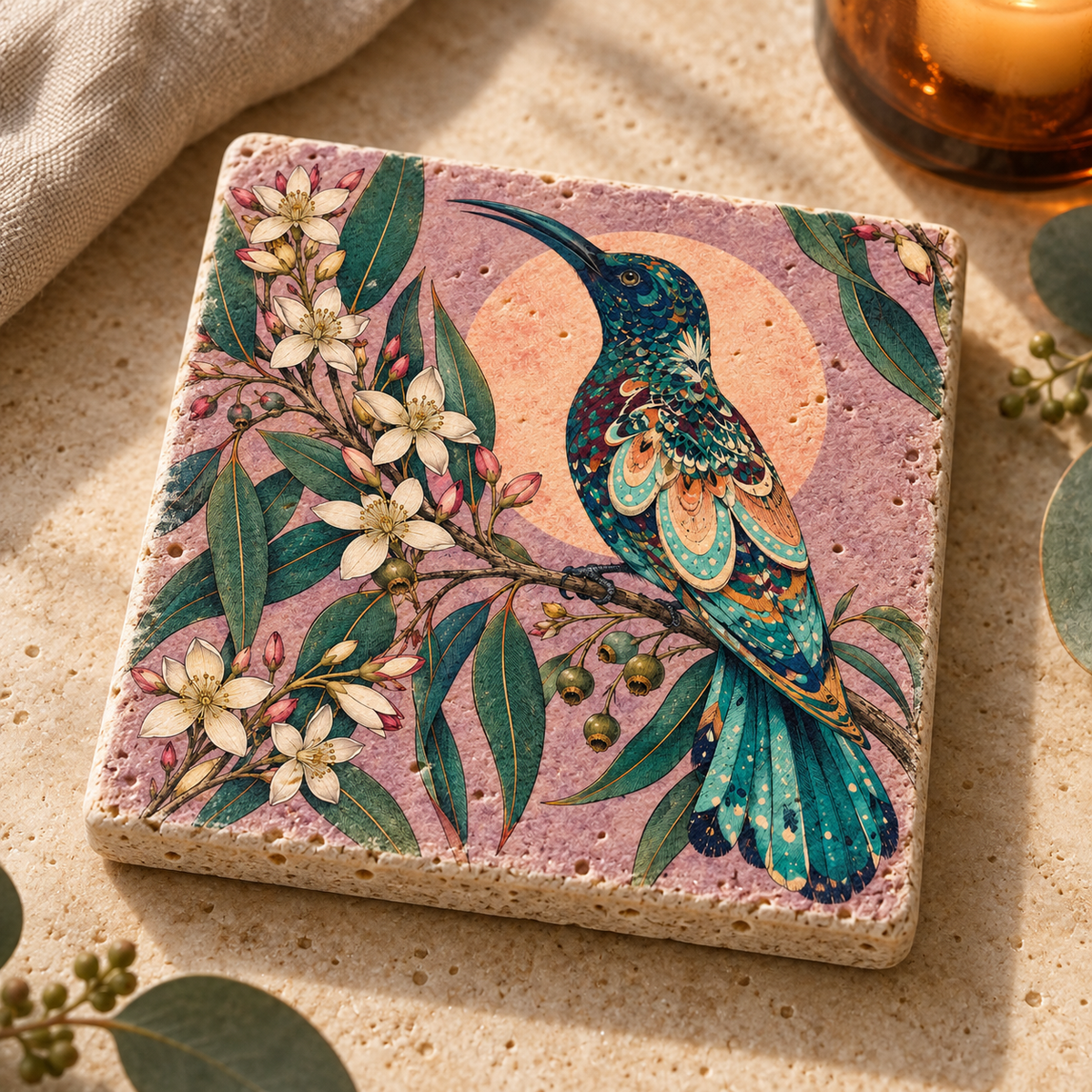 Smaragdpoesie – florales Motiv als Travertin Deko aus echtem Naturstein