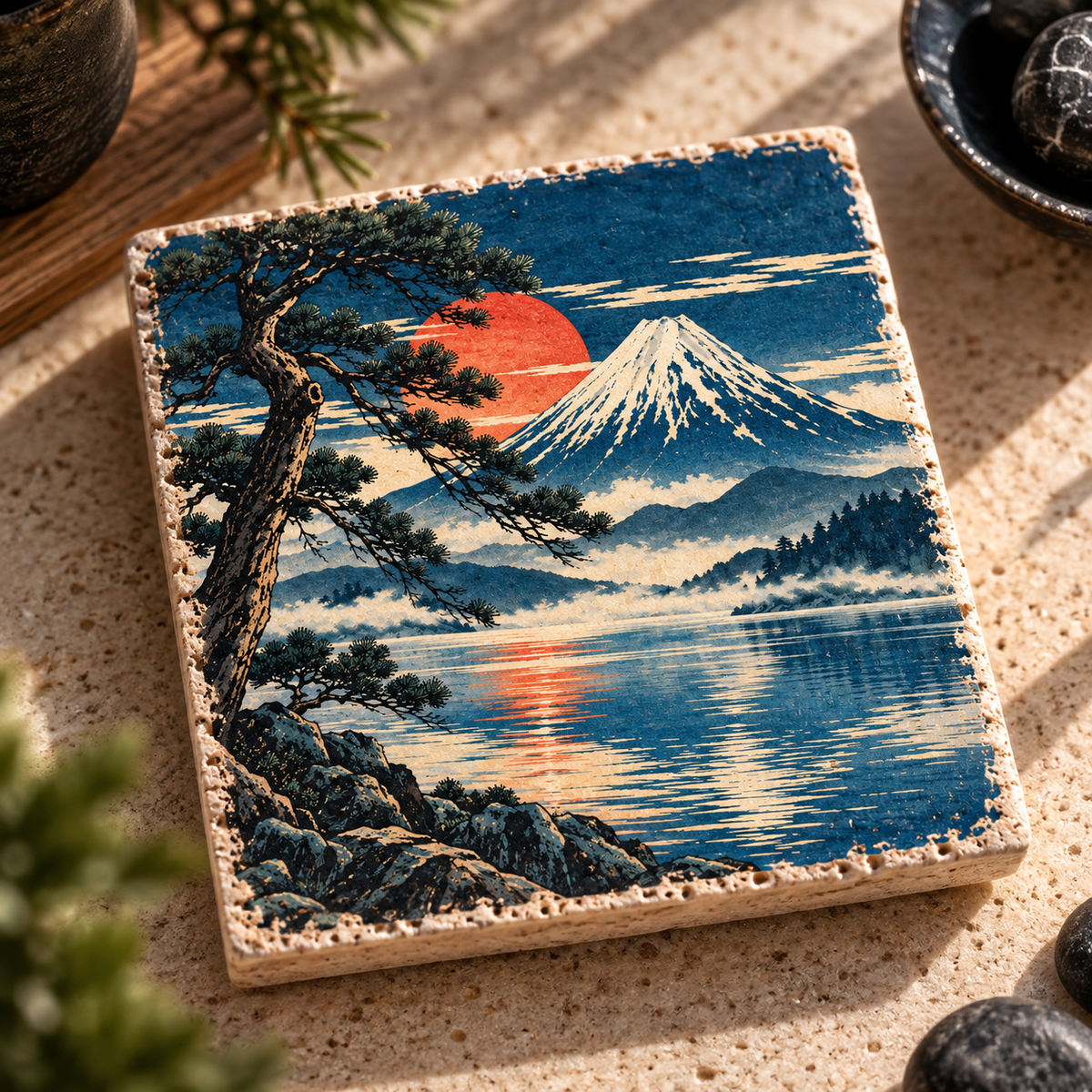 Fuji Morgenrot – japanisch inspiriertes Motiv als Travertin Deko aus echtem Naturstein
