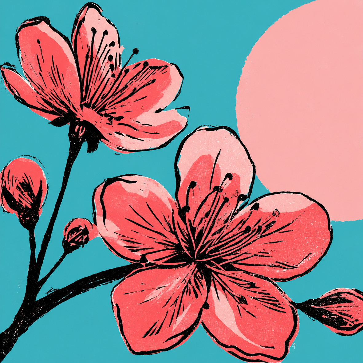 Grafisches Kirschblütenmotiv in Korallrosa und Rosé vor türkisem Hintergrund mit großer stilisierter Morgensonne

