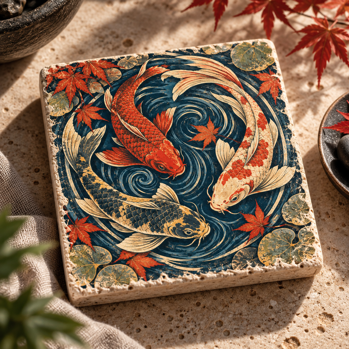 Koi im Wirbel – japanisch inspiriertes Koi-Motiv auf echtem Travertin als Wohnaccessoire.