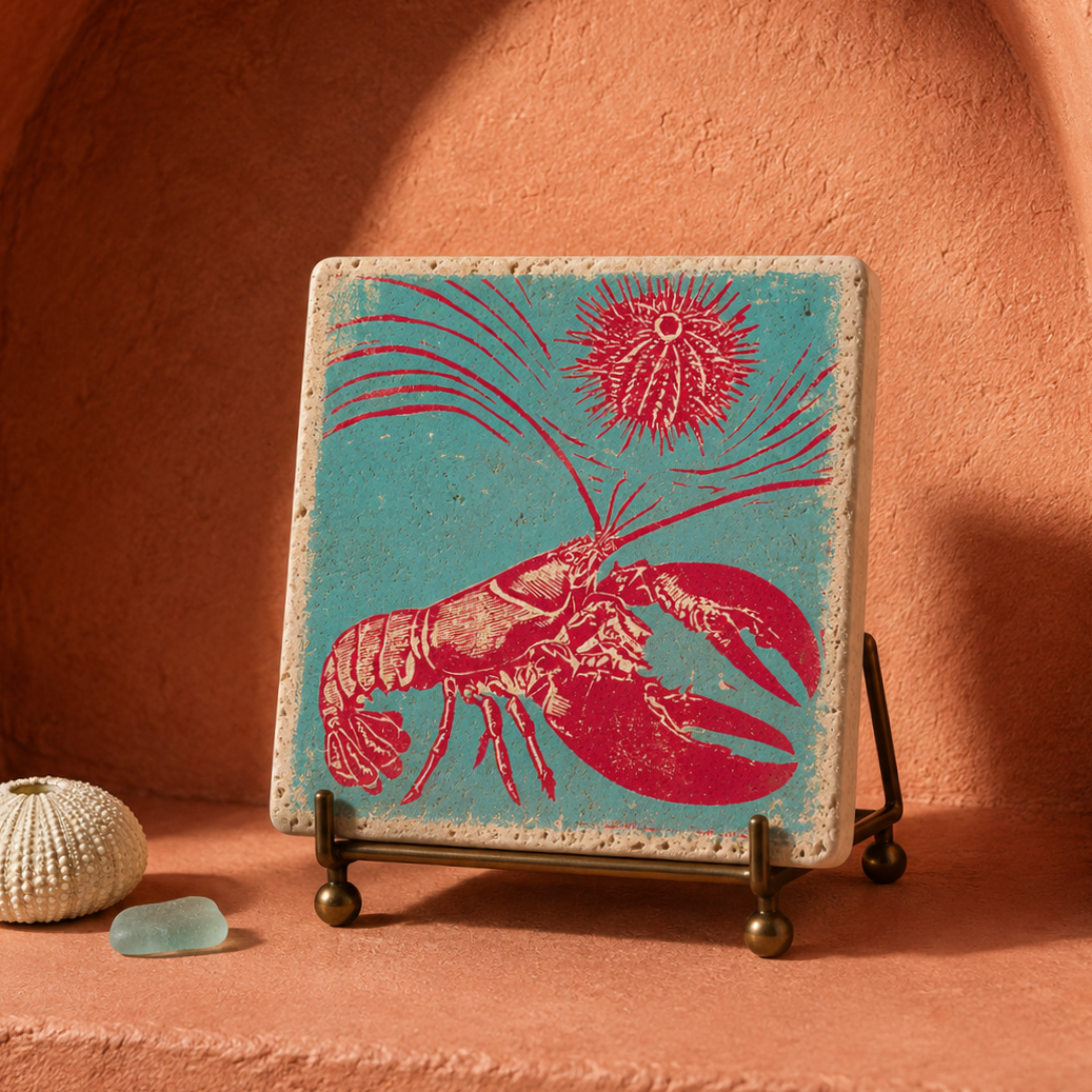 Mare No. 10 – Hummer unter der Meeresblüte, kleines Kunstwerk auf 10 × 10 cm Travertin in maritimer Inszenierung