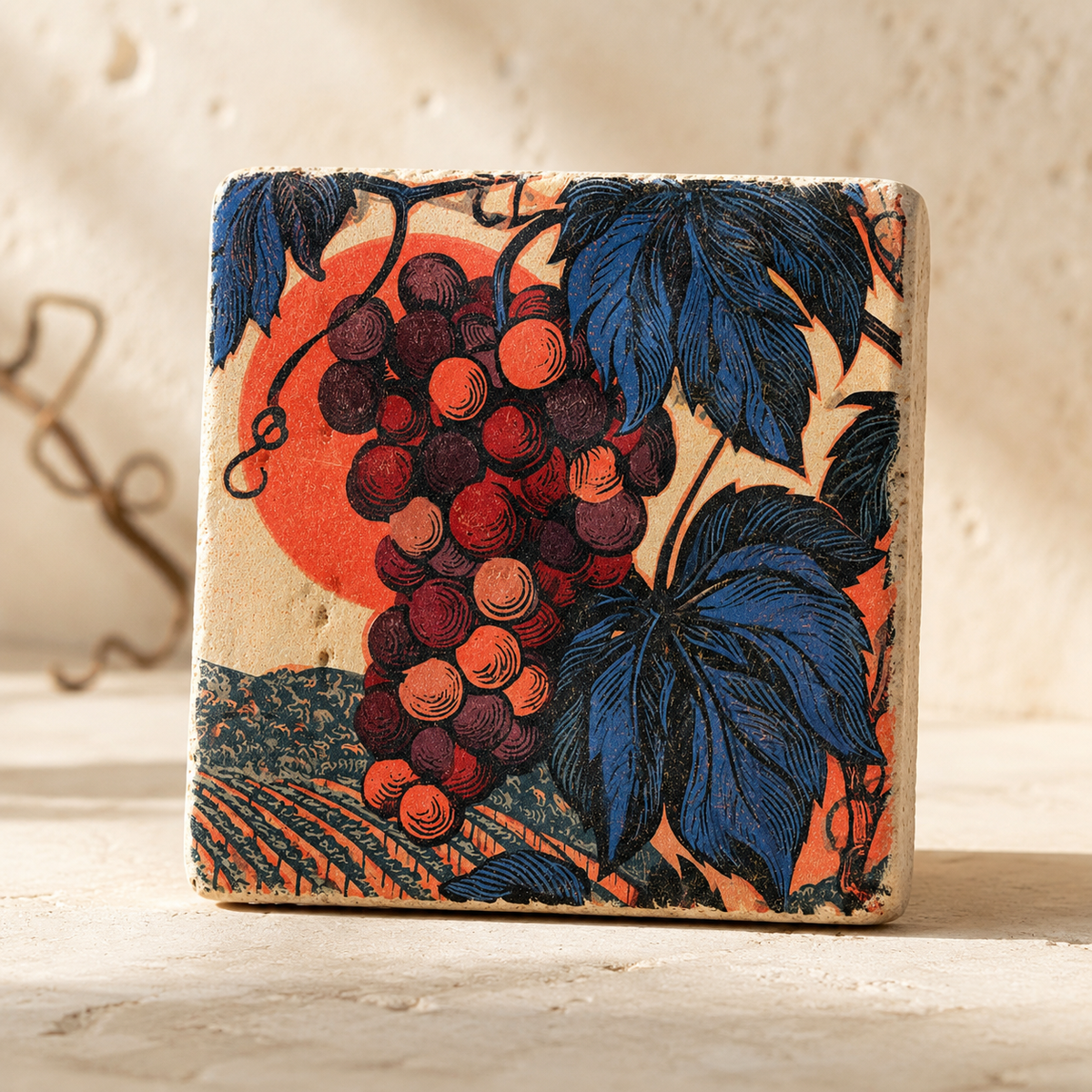 Spätlese – Kleines Kunstwerk aus Travertin mit Weinlese-Motiv in Weinrot und Kobaltblau, UV-Direktdruck, 10x10 cm