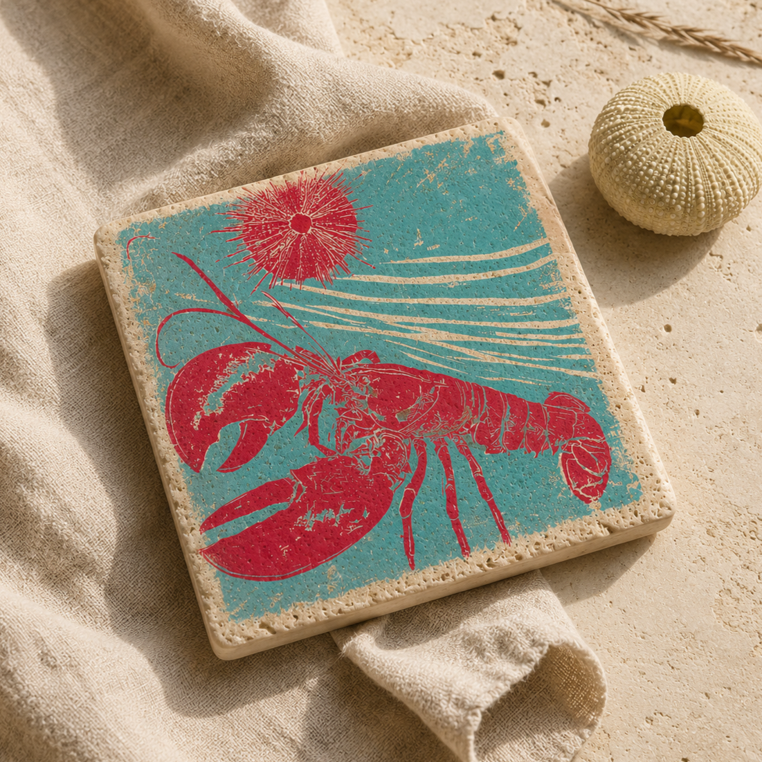 Quadratische Travertin-Kunstwerk mit magentafarbenem Hummer, Seeigel und Wellenlinien auf türkisfarbenem Grund. Die 10 × 10 cm große Kunstwerk liegt auf hellem Leinen und sandfarbenem Naturstein neben einem Seeigelgehäuse.
