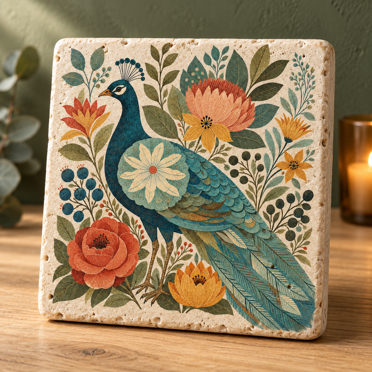 Pfau im Blütengarten – florales Motiv als Travertin Deko aus echtem Naturstein
