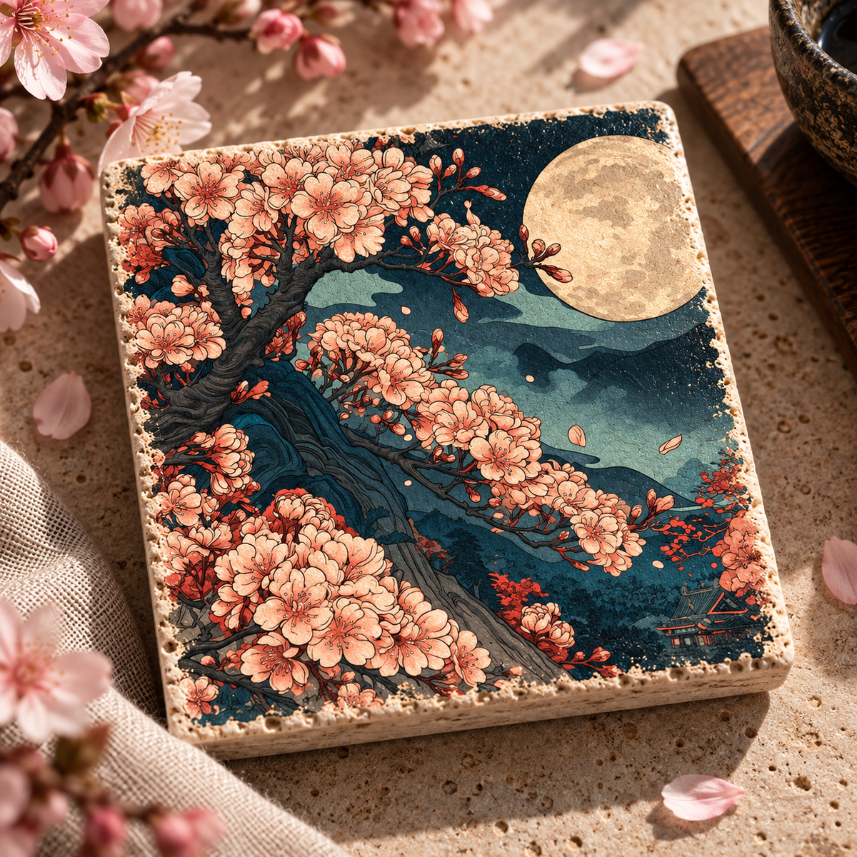 Sakura Mondlicht – florales Motiv als Travertin Deko aus echtem Naturstein