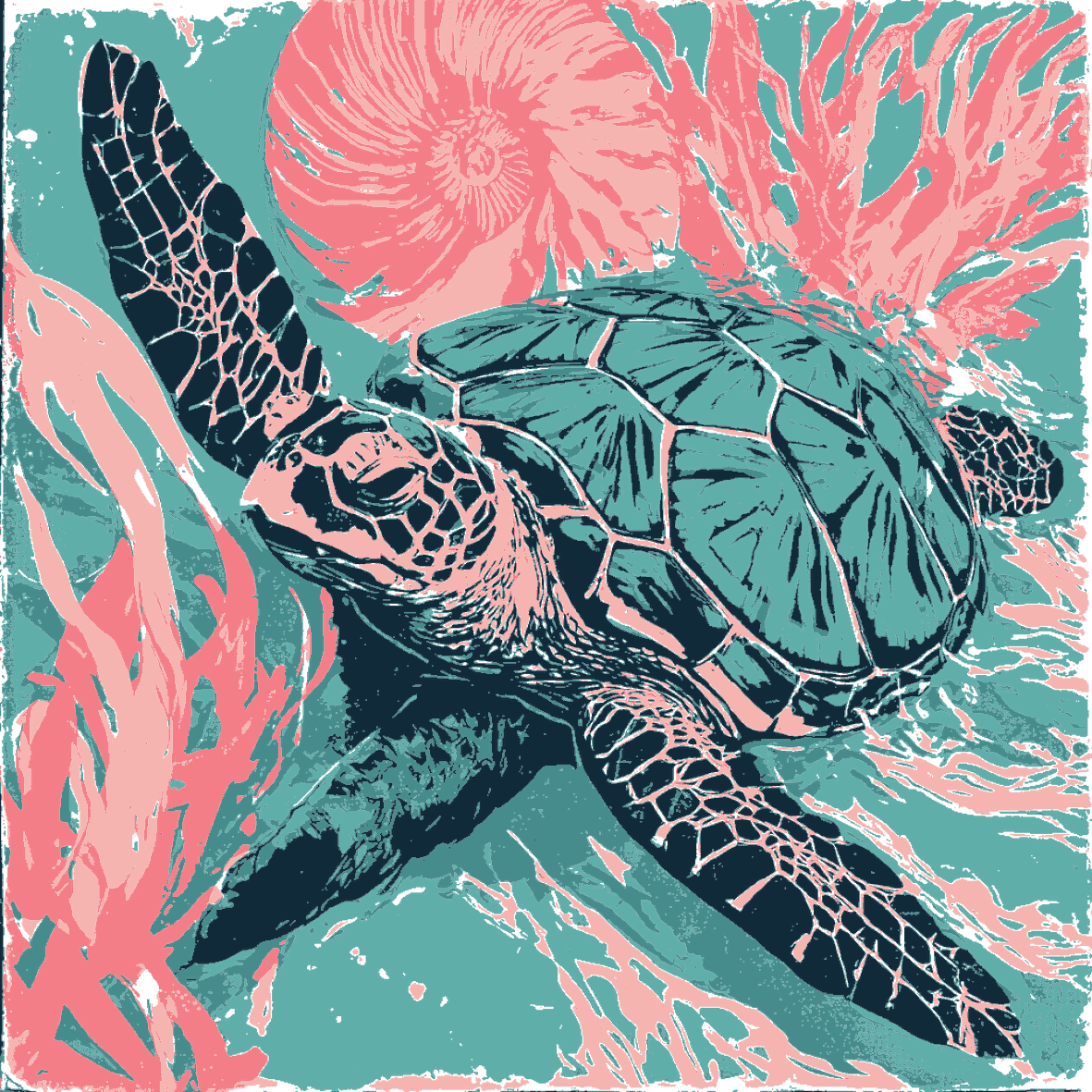 Meeresschildkröte zwischen rosa Korallen und Nautilusmuschel auf türkisem Grund im Vintage-Linolschnittstil
