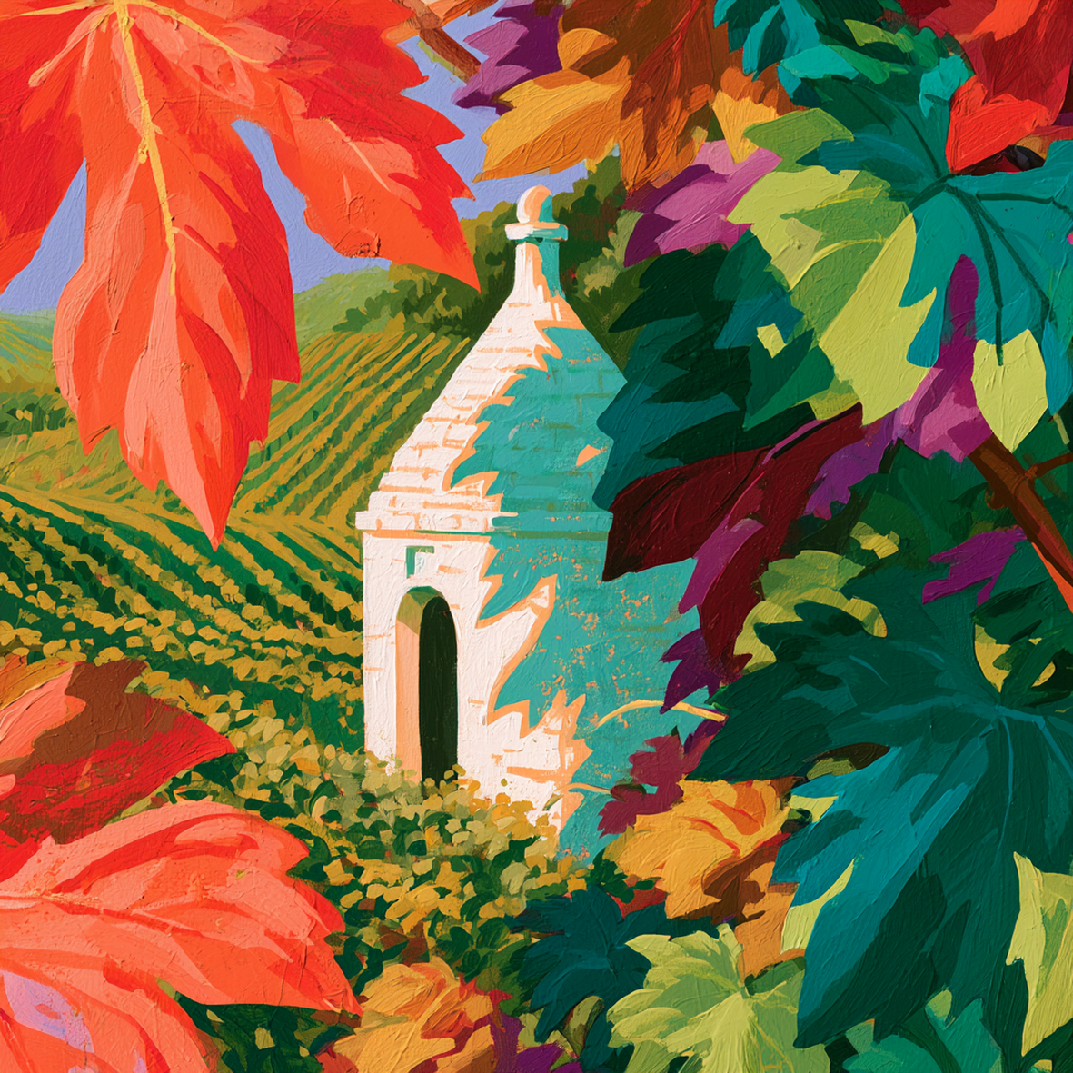 Nahaufnahme des Travertin-Kunstwerks Trullo im Herbstlicht mit Weinbergmotiv von Candelae
