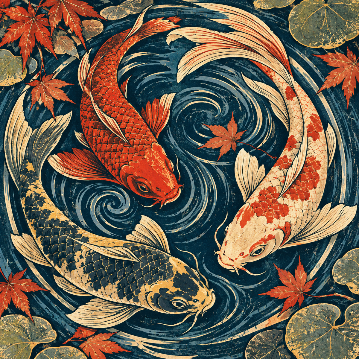 Koi im Wirbel – zweite Ansicht des Koi-Motivs auf Travertin mit japanisch inspirierter Gestaltung.