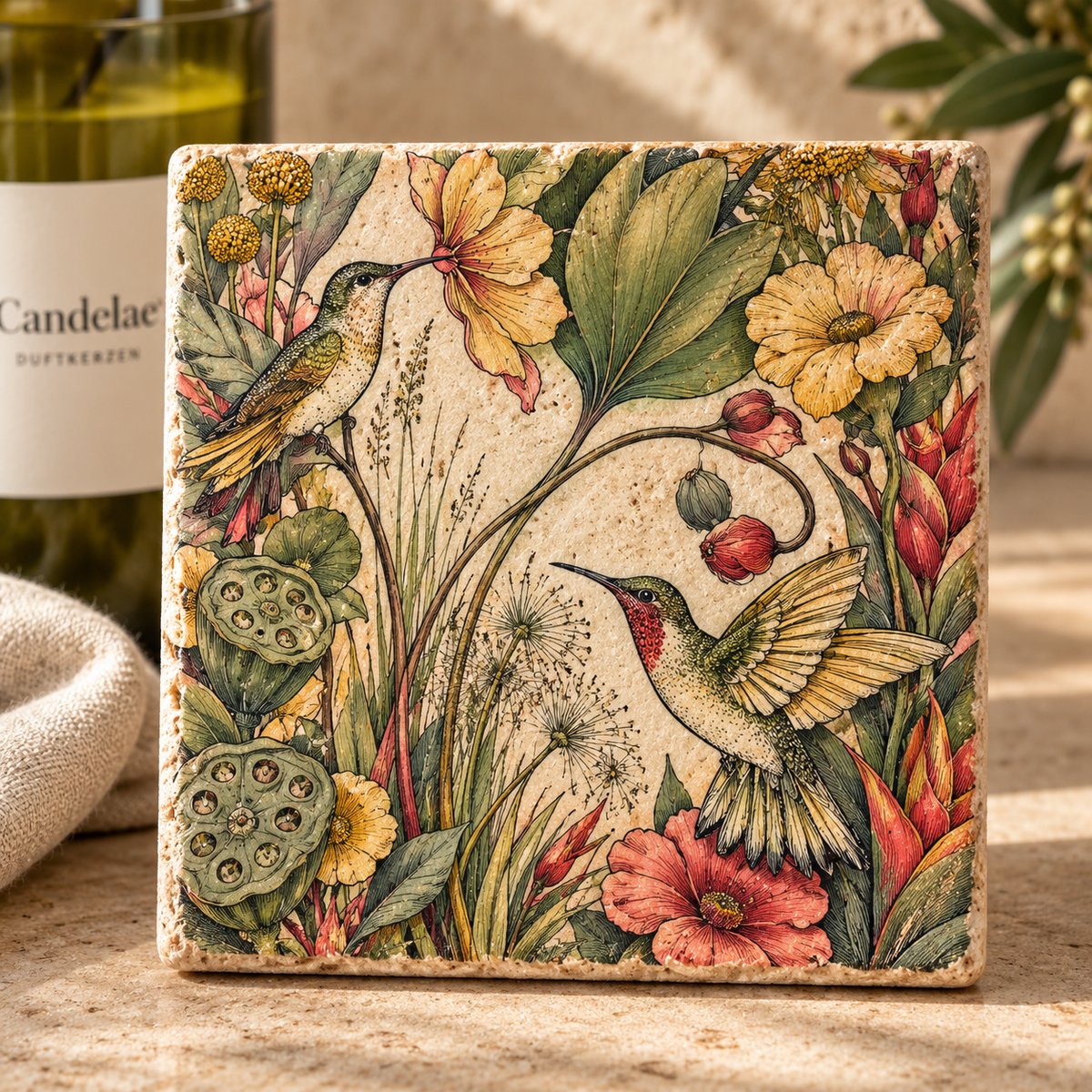 Blütenflug Kolibri – zwei Kolibris zwischen Blüten auf einem Travertin-Kunstwerk.