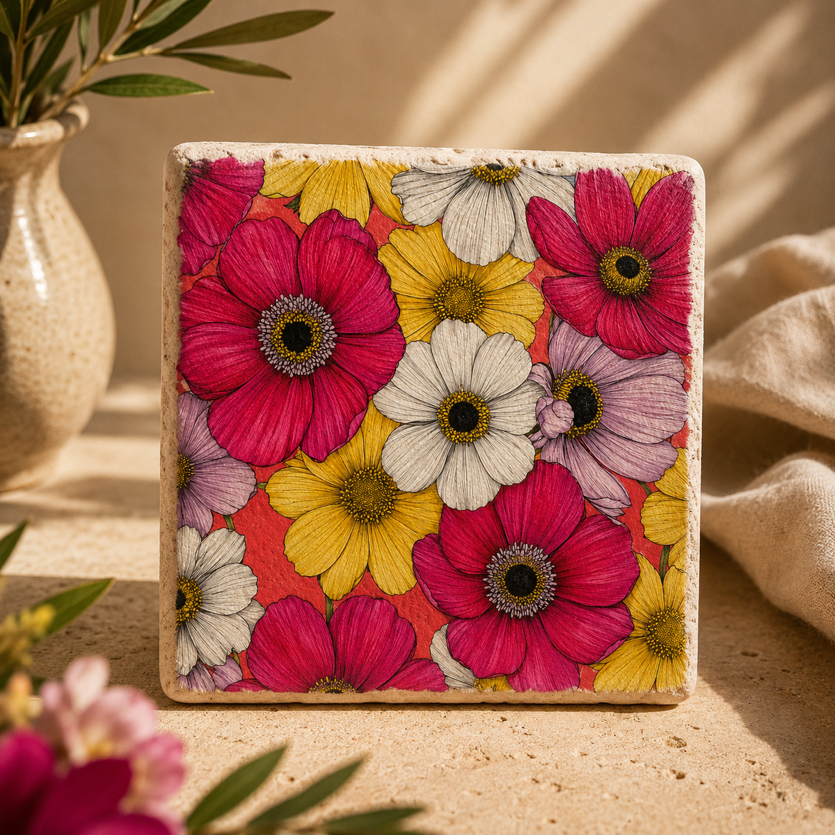 Botanica No. 07 Blumenmeer auf Travertin – kleines Kunstwerk aus Naturstein mit farbenfrohem Blumenmotiv als Dekoration oder Untersetzer von Candelae