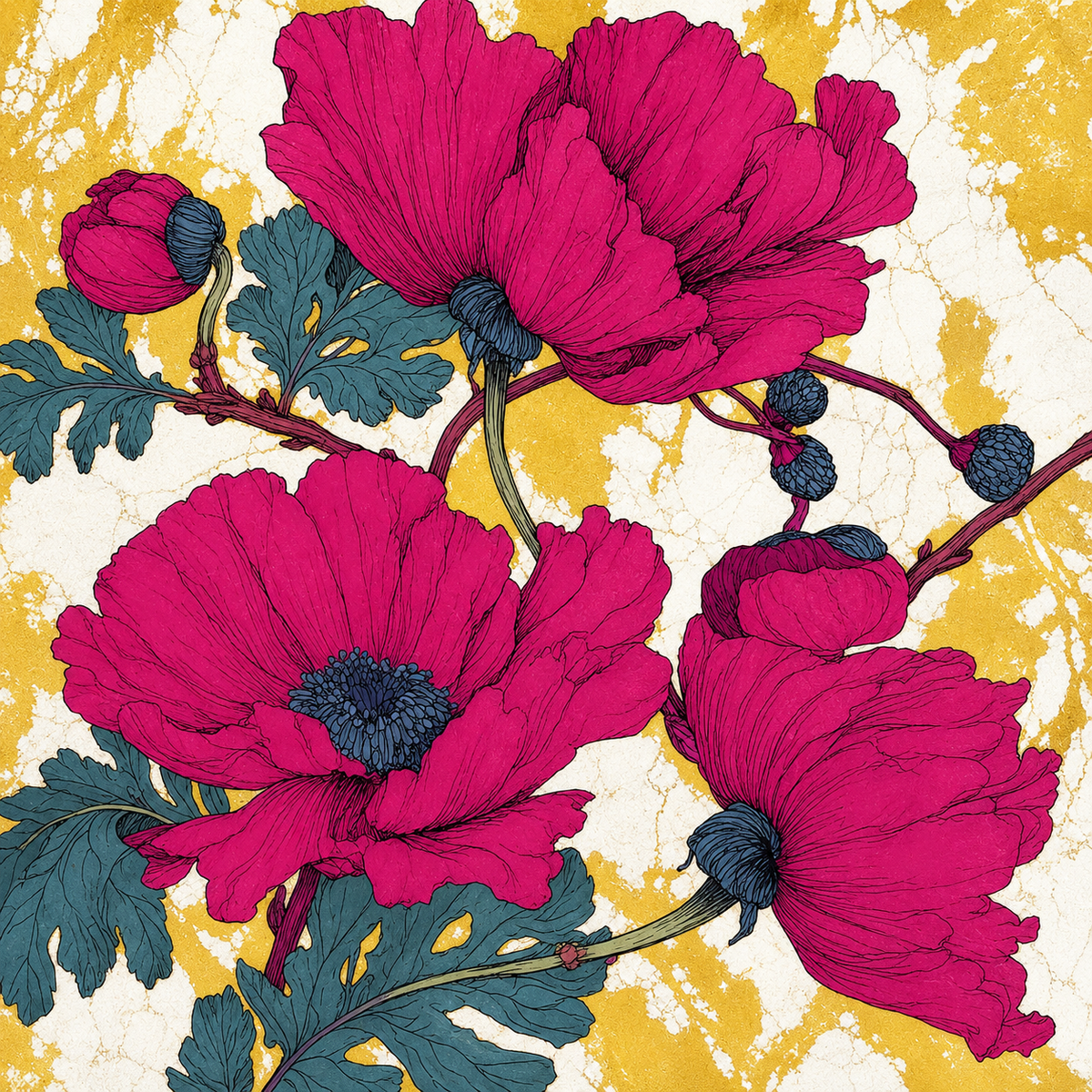 Blütenzauber – Florales Kunstwerk mit pinken Blüten und goldenen Akzenten auf echtem Travertin, hochwertiges Motiv für dekorative Naturstein-Kunstwerkn.