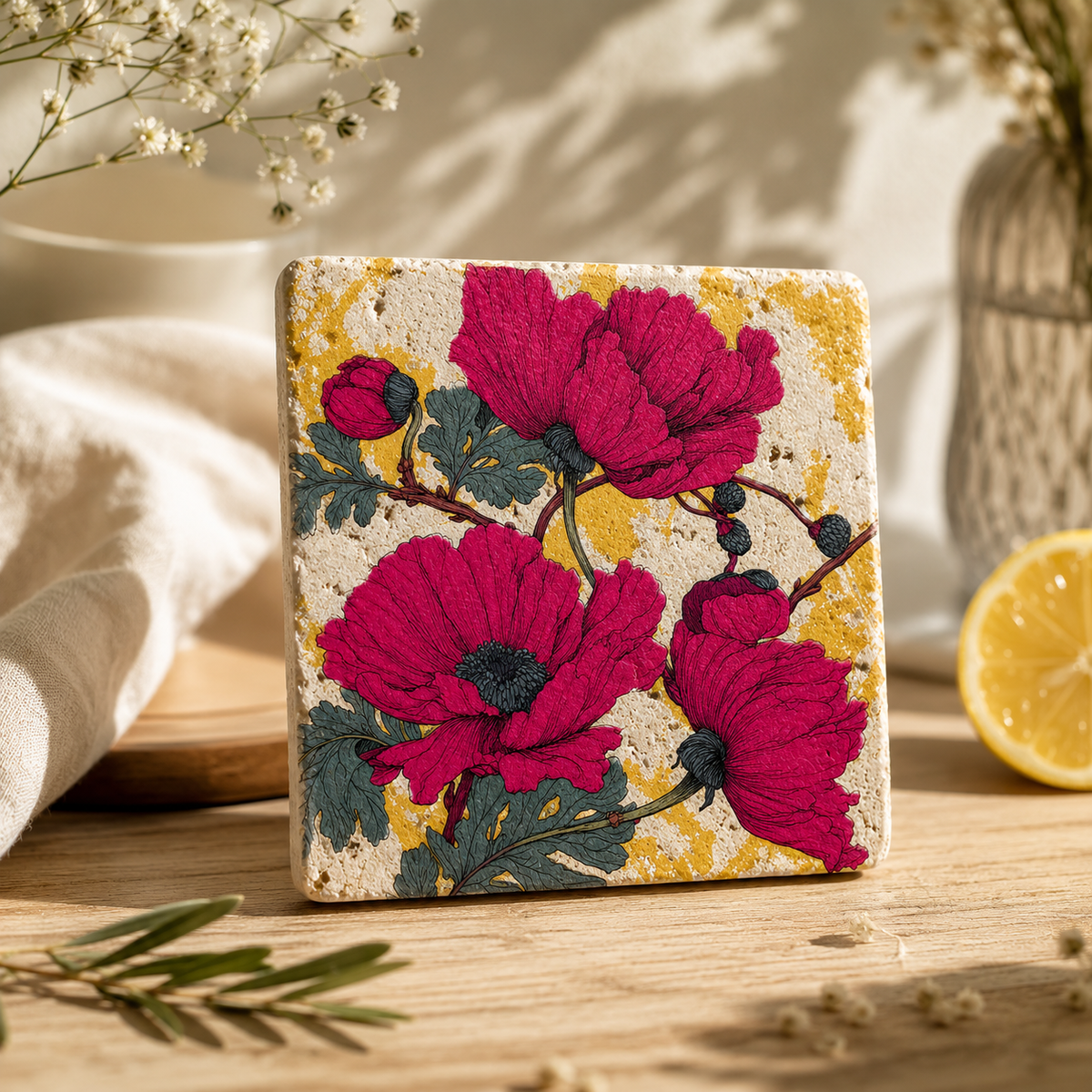 Blütentraum – Kleines Kunstwerk aus Travertin mit floralem Blütenmotiv in Pink und Gold, dekorative Naturstein-Kunstwerk für Wohnraum oder als stilvoller Untersetzer.