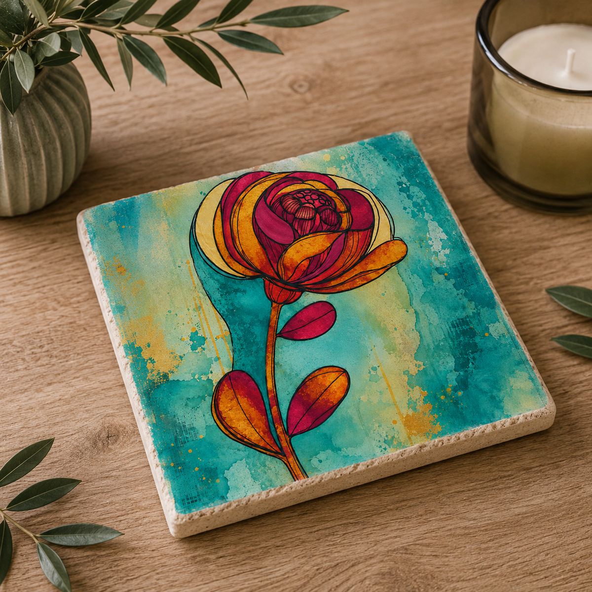 Botanica No. 05 – Blütenkunst auf Travertin, kleines Kunstwerk mit ausdrucksstarker Blüte in Komplementärfarben auf echtem Naturstein.