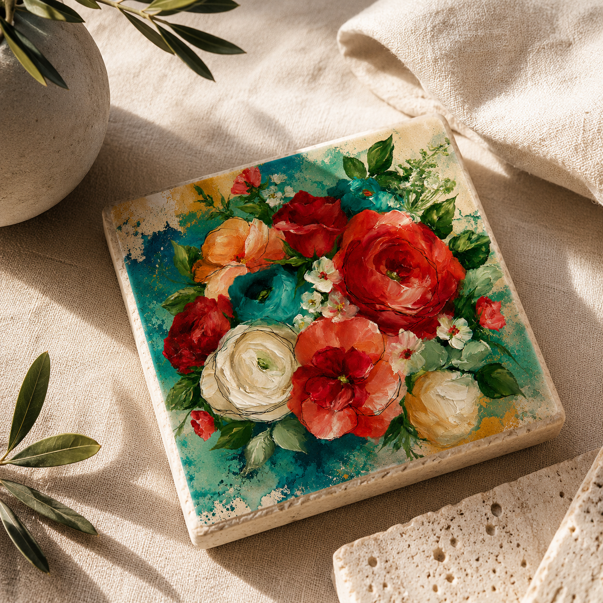 Blütenharmonie – kleines Kunstwerk aus Travertin mit floralem Bouquet-Motiv, dekorative Naturstein-Kunstwerk für Wohnraum oder als Untersetzer.