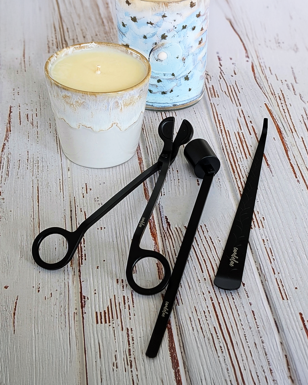 Schwarzes Kerzenpflege-Set mit Dochtschere, Kerzenlöscher und Dochtheber für Duftkerzenpflege