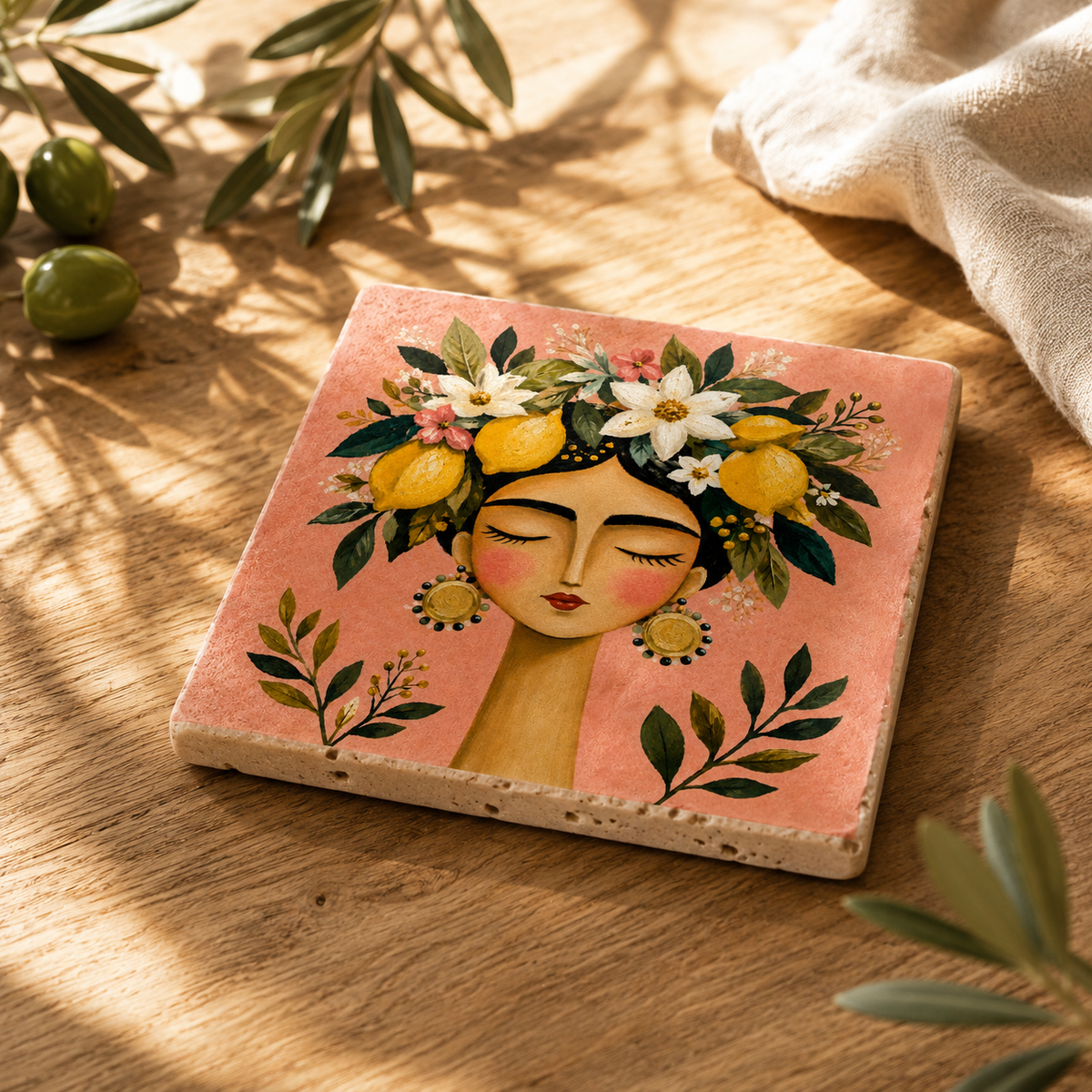 Bedruckte Travertin-Kunstwerk mit mediterranem Frauenmotiv, Zitronen, Blütenkranz und floralem Design in warmen Pastellfarben.
