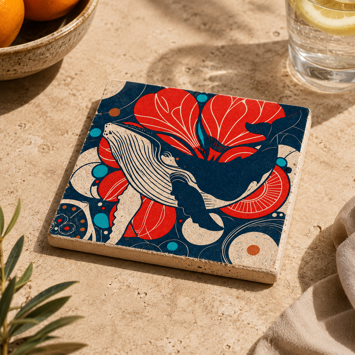 Mare No. 01 – Travertin-Kunstwerk mit modernem Walmotiv in kräftigen Blau-, Rot- und Naturtönen. Kleines Kunstwerk aus Naturstein für stilvolle Wohnraumdekoration.