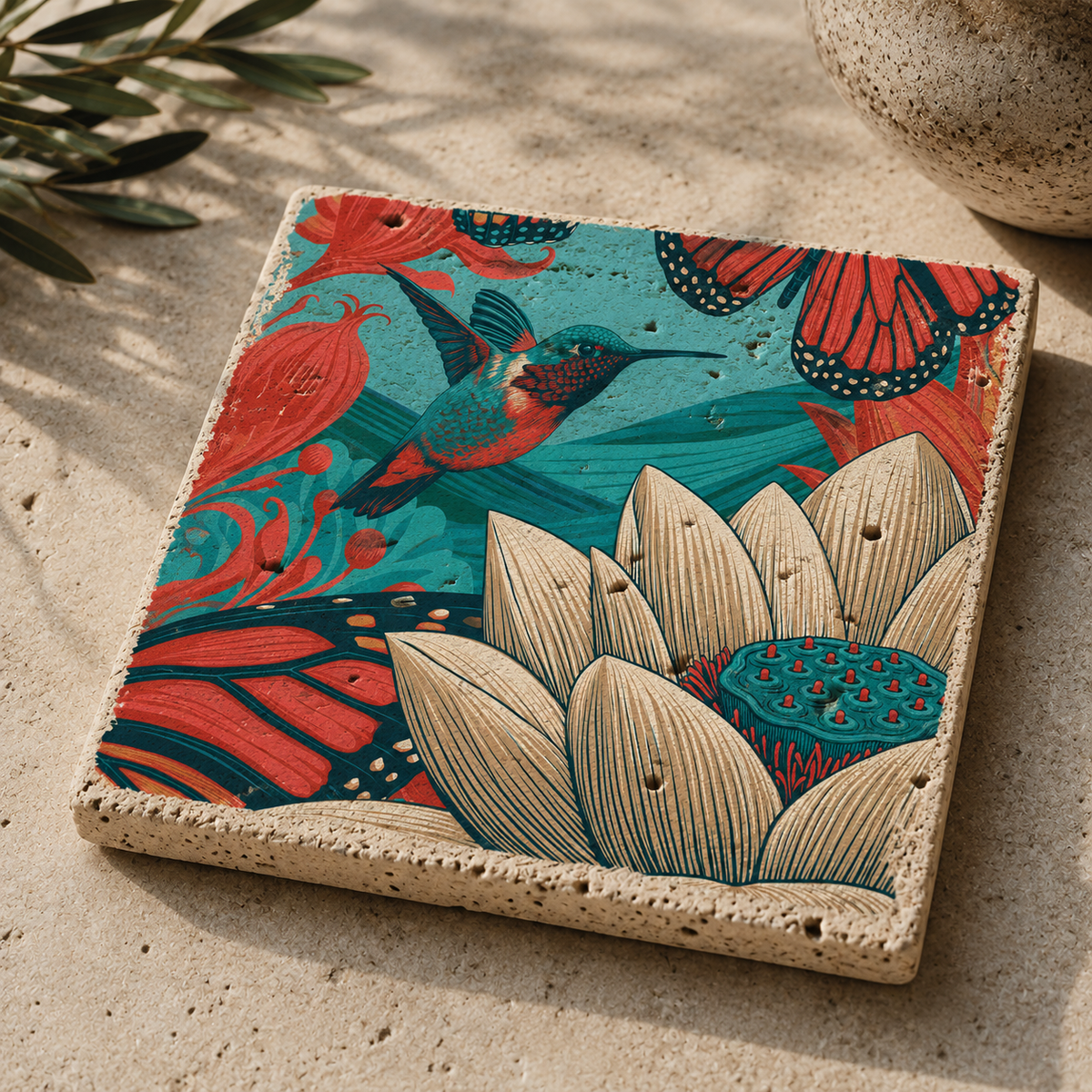 Travertin-Kunstwerk mit modernem Kolibri- und Lotusblütenmotiv in leuchtenden Komplementärfarben. Hochwertiges kleines Kunstwerk aus Naturstein für stilvolle Wohnräume.