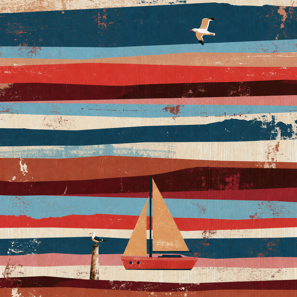 Küstenwind – Segelboot-Motiv, Druckmotiv für Travertin-Kunstwerk