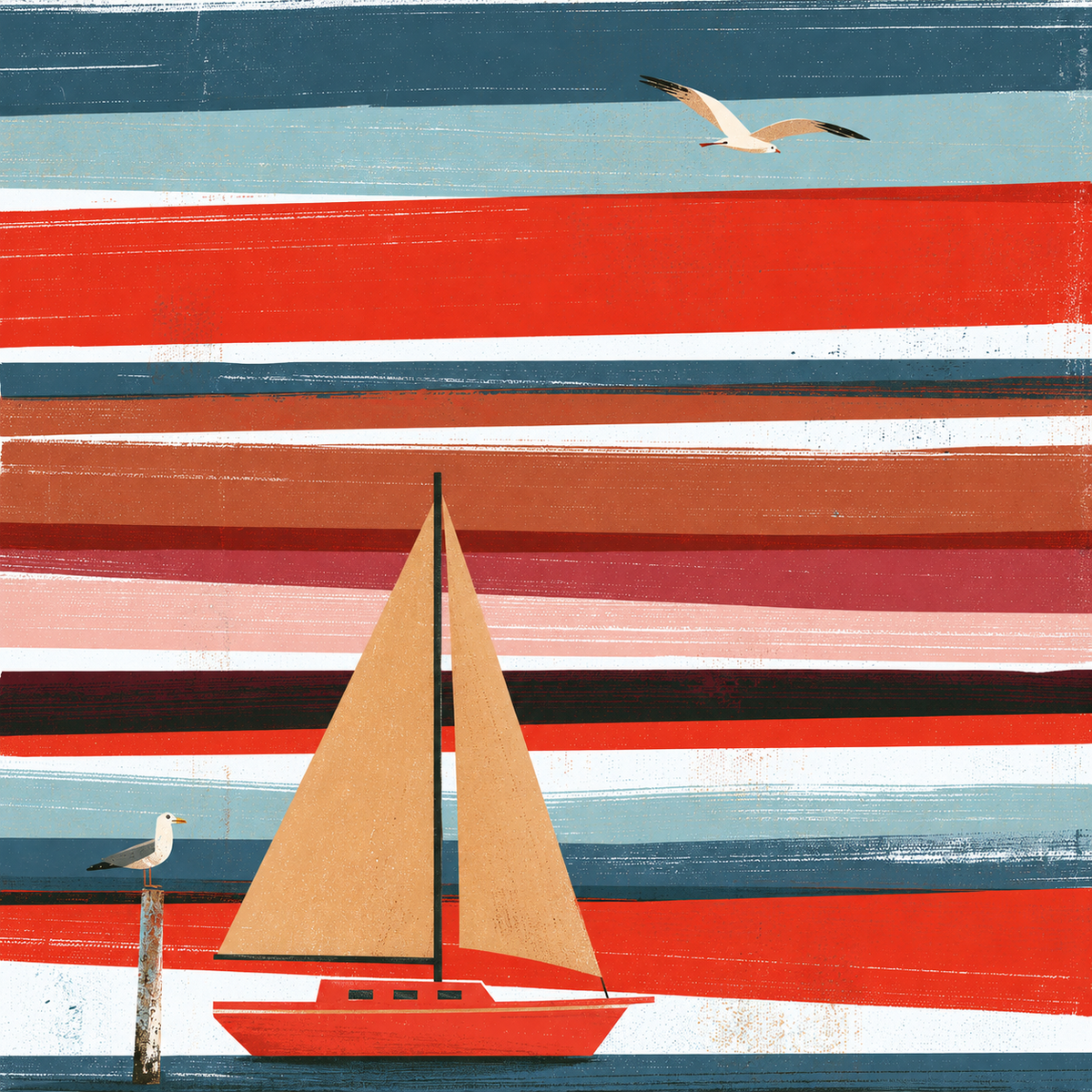 Maritime Illustration „Meerwärts“ mit korallrotem Segelboot, zwei Möwen und farbigen horizontalen Streifen.