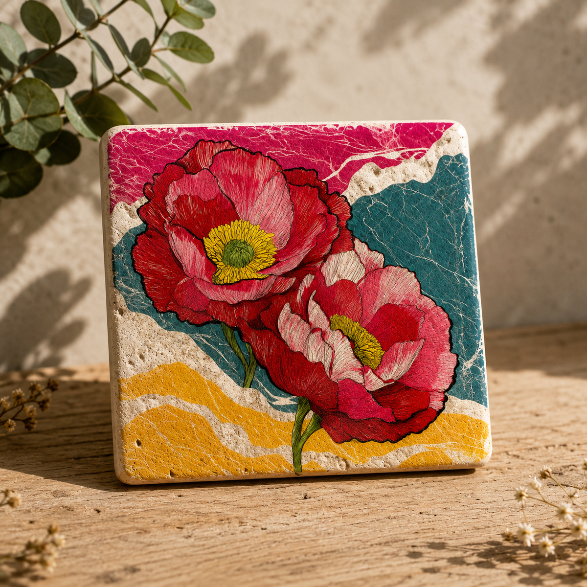 Mohnzauber – Kleines Kunstwerk aus Travertin mit Mohnblütenmotiv als dekorative Naturstein-Kunstwerk auf einem Holztisch in stilvoller Wohnatmosphäre.