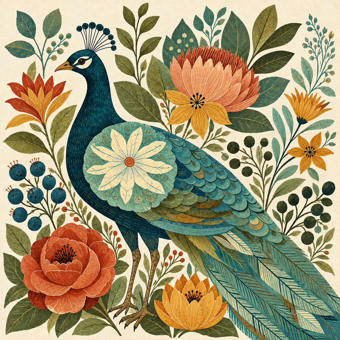 Pfau im Blütengarten – zweite Ansicht der Travertin Deko mit florales motiv