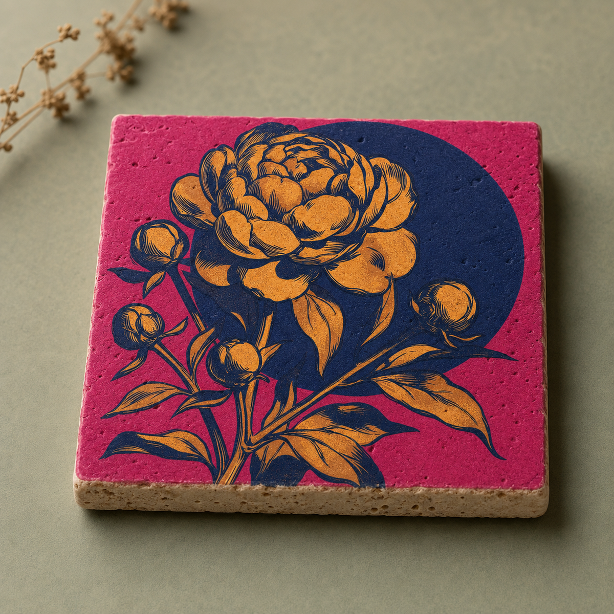 Liegendes Travertin-Kunstwerk mit goldener Pfingstrose auf fuchsiafarbenem Hintergrund.