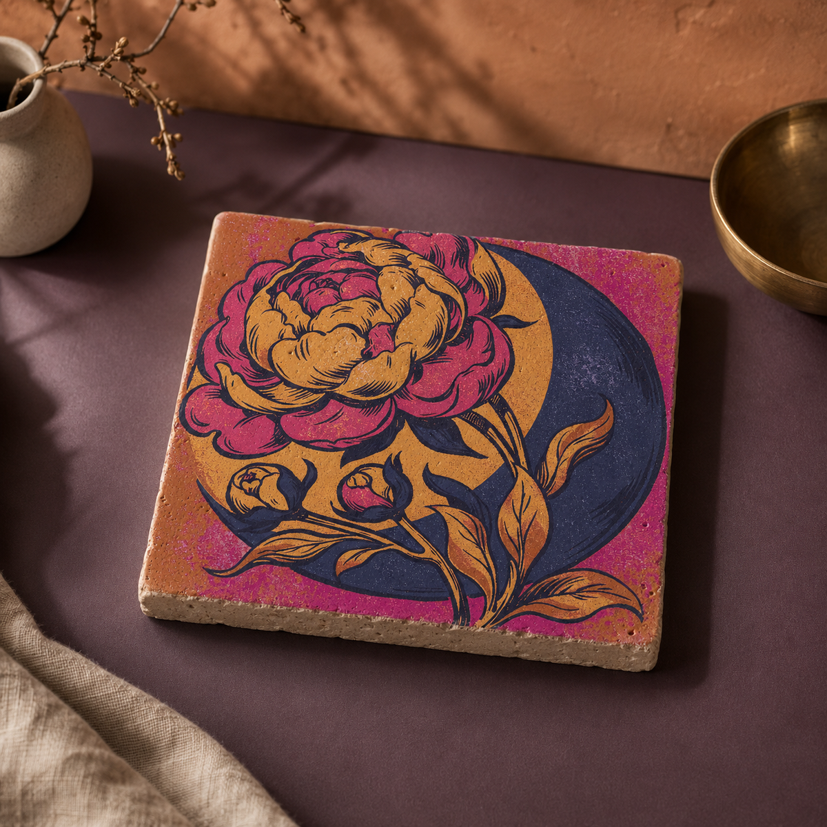 Liegendes Travertin-Kunstwerk mit grafischer Pfingstrose in Magenta, Goldorange und Nachtblau.